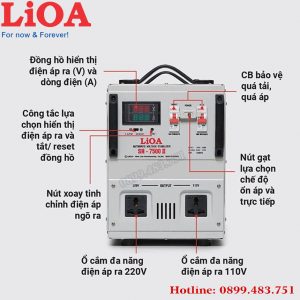 ổn áp lioa 7.5KVA điện áp 150V -250V mặt trước máy 7500II dây đồng